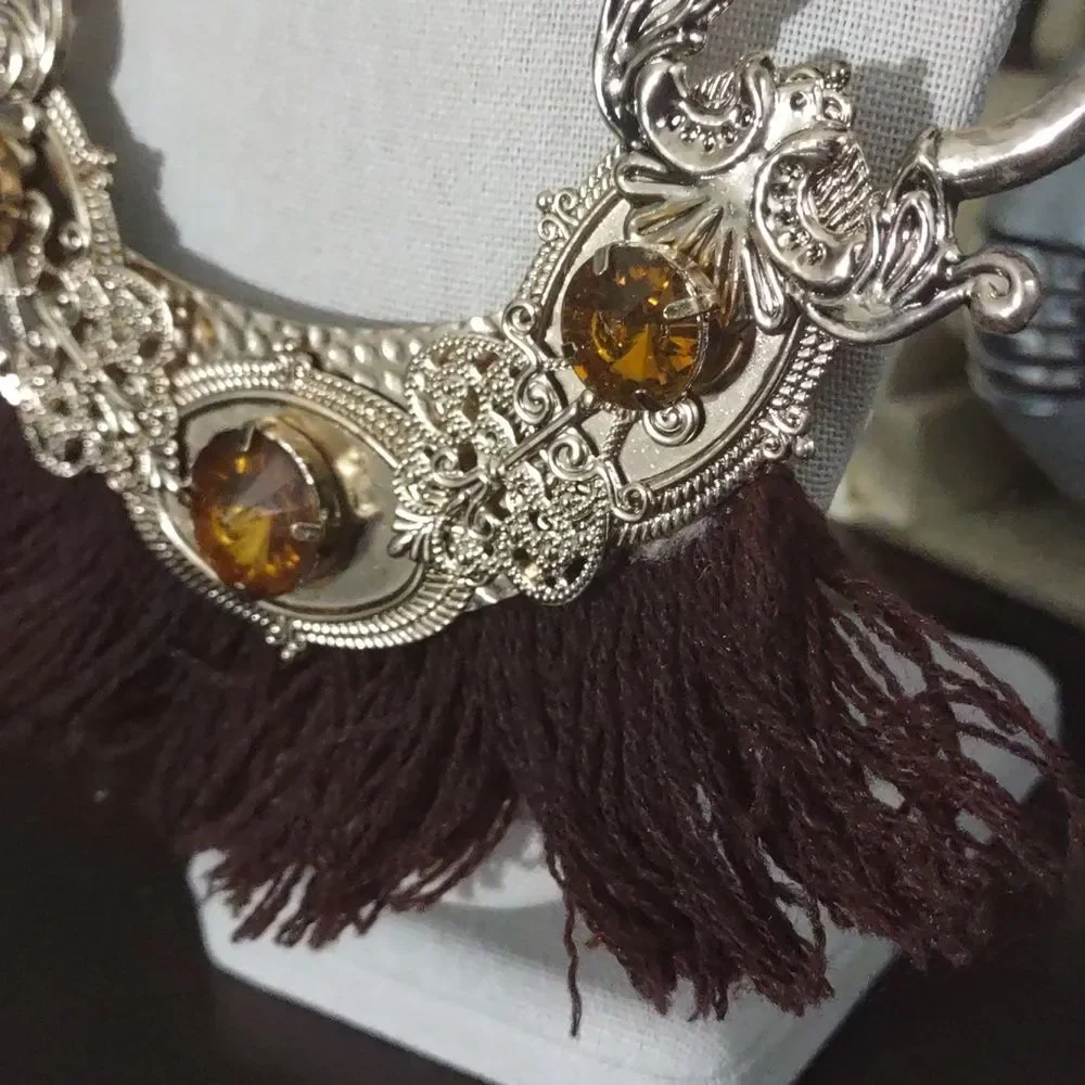 660 Women's Brown Fringe and Gold Costume Statement Necklace - Picture 3 of 6